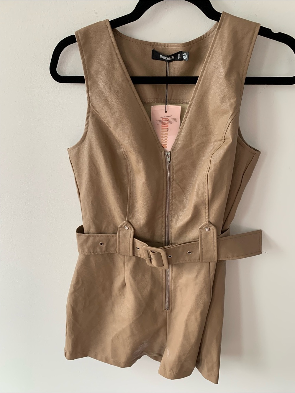 Missguided Sleeveless Faux Leather Playsuit/ romper in beige Taupe belted 4 NWT
